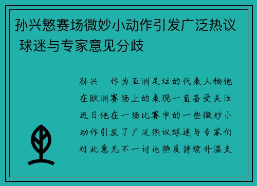 孙兴慜赛场微妙小动作引发广泛热议 球迷与专家意见分歧 孙兴慜赛场微妙小动作引发广泛热议 球迷与专家意见分歧