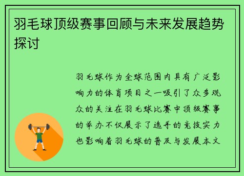 羽毛球顶级赛事回顾与未来发展趋势探讨
